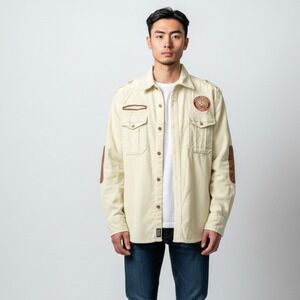Akdmks Shacket Shirt Corduroy Men's 2XL Patches Elbow Long‎ Sleeve Yellow Cotton